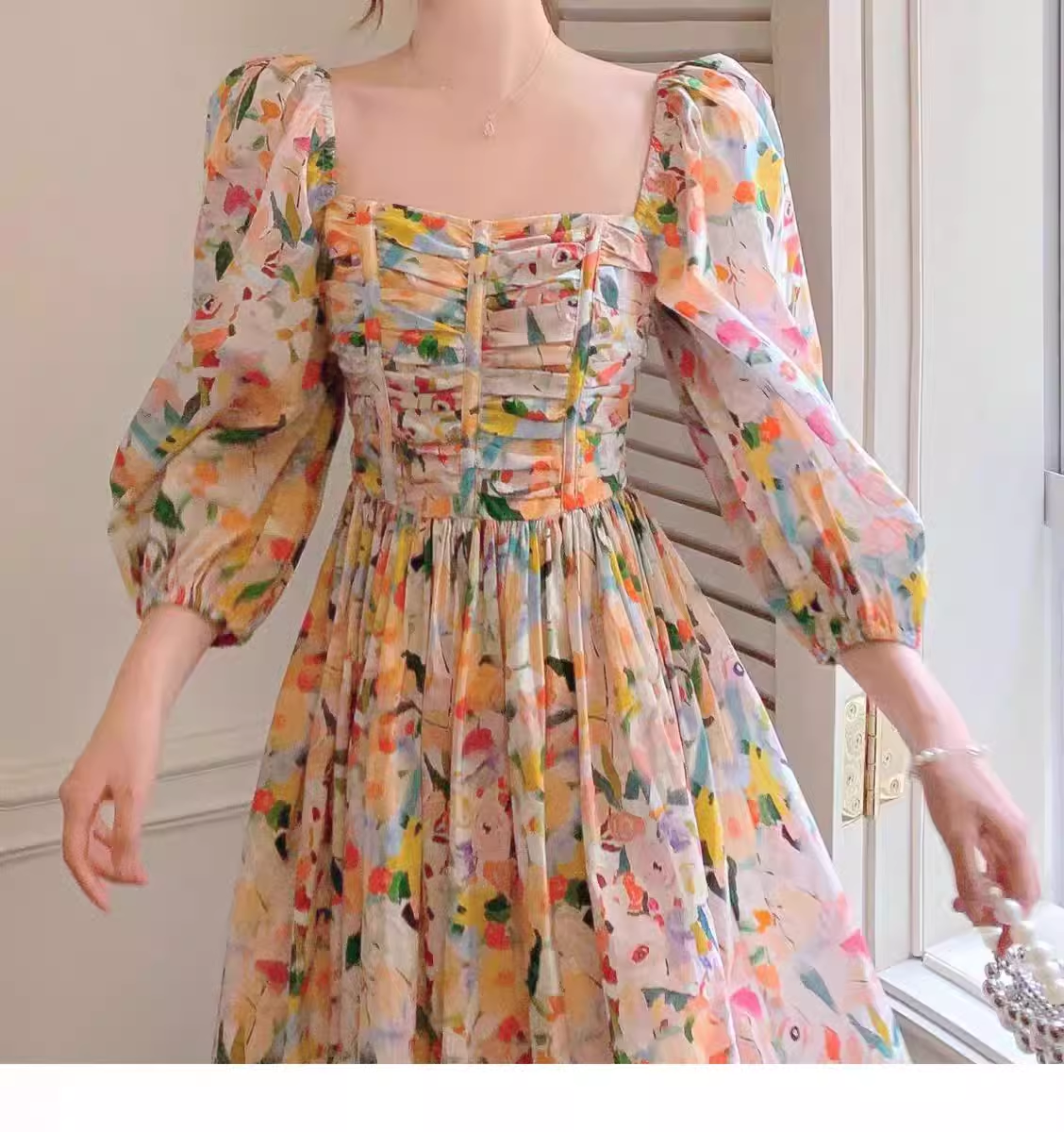 - Retro Chic Floral Puff Sleeve Dress for Women Summer  GEU1133