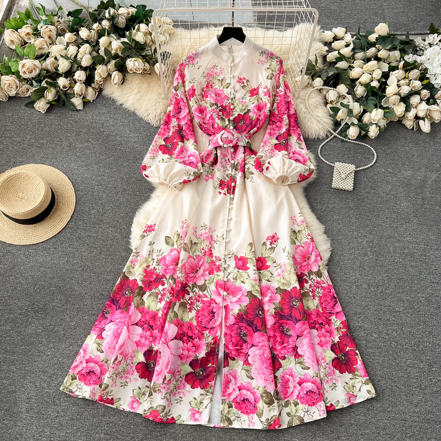 - Printed long French puff sleeve elegant dress GEU1142