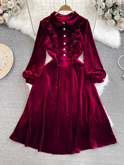 - Long sleeve lapel a-line velvet dress GEU990