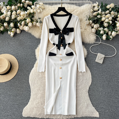 vmtvr- Knitted dress women's autumn and winter bow single-breasted design maxi dress  GEU508