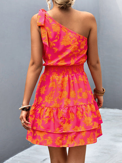 vmtvr - A-Line Sleeveless Elasticity Flower Print Split-Joint Tied Tiered One-Shoulder Mini Dresses