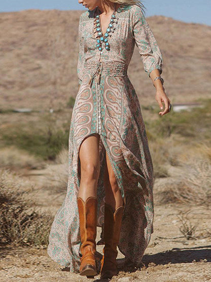 vmtvr - Western Style Boho Print Slit Maxi Dress