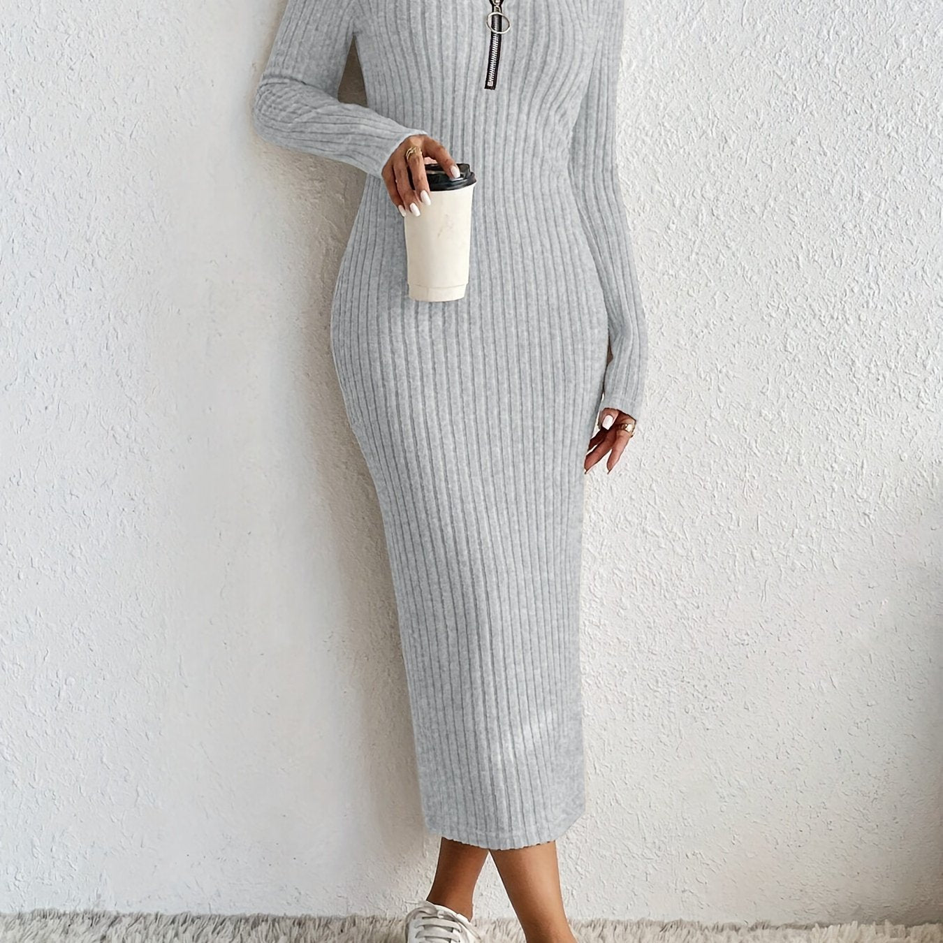 Elegant Spring/Fall V-Neck Pencil Dress - Comfortable Mid-Elastic Knit, Chic Zip-Up, Durable & Easy-Care