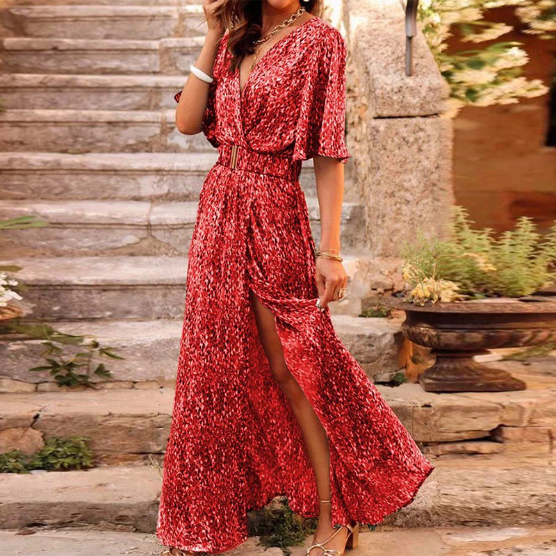 vmtvr - Printed V-Neck Slit Maxi Dress