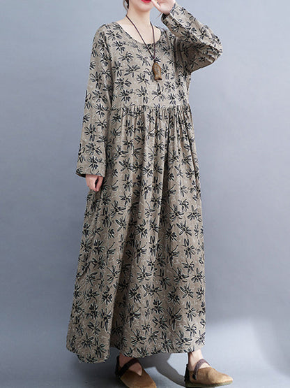 vmtvr - Artistic Retro Long Sleeves Loose Floral Printed Round-Neck Midi Dresses