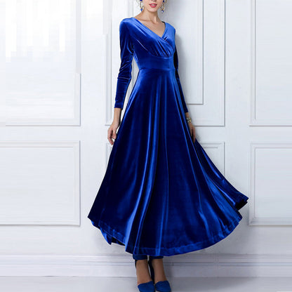 vmtvr - Elegant Solid Long Sleeved V-neck Velvet Maxi Dresses