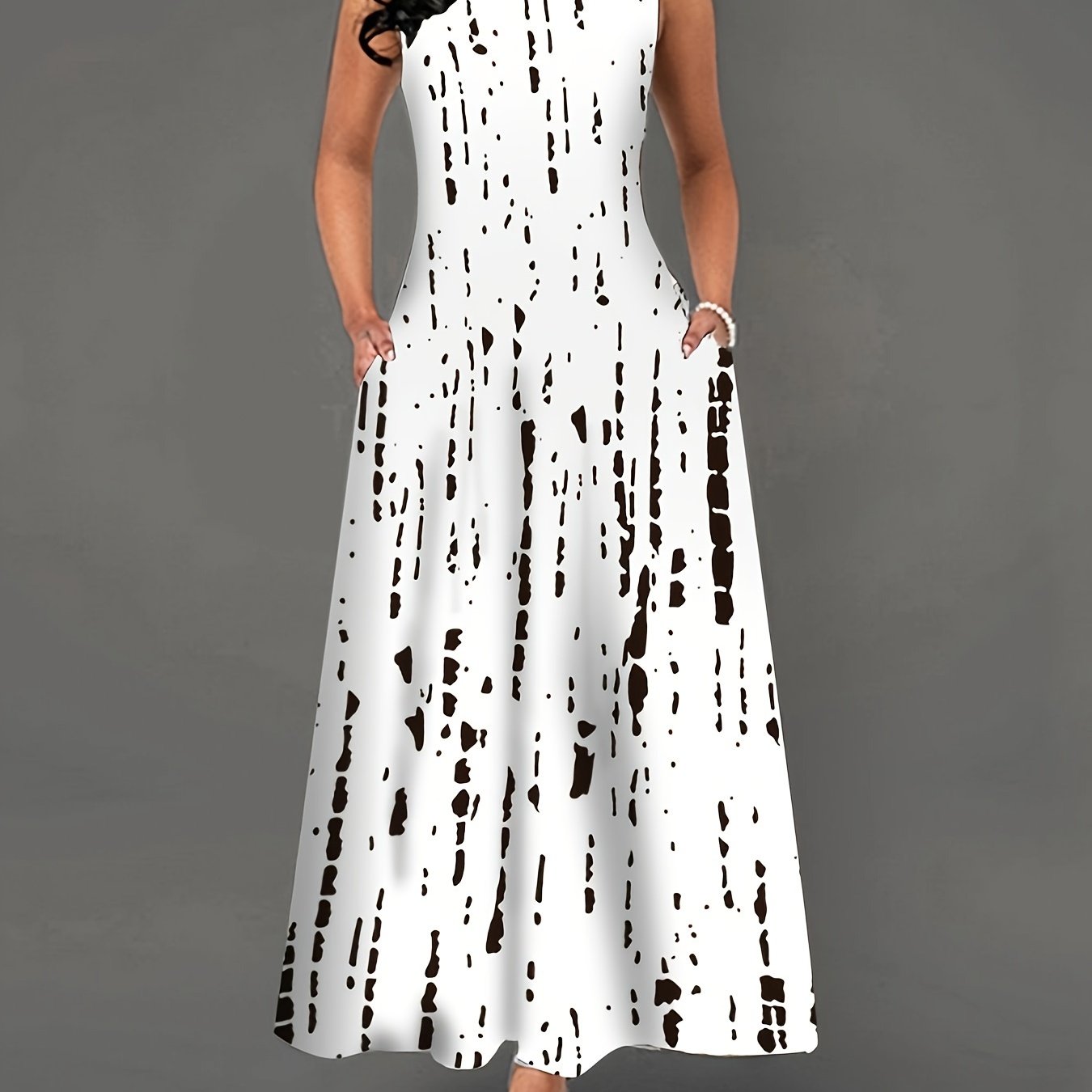 Abstract Print Midi Dress, Elegant Keyhole Sleeveless Dress, Women's Clothing