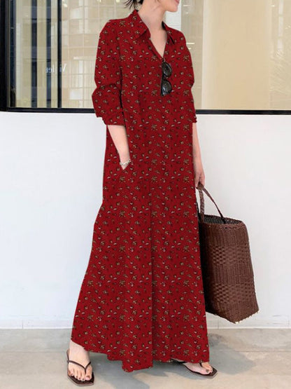 vmtvr - Vintage Printed Lapel Long Sleeve Shirt Maxi Dress