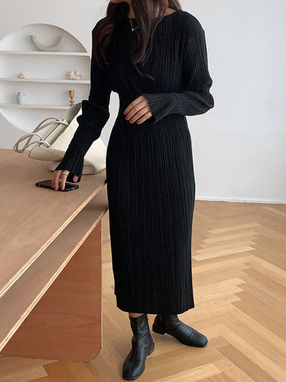 vmtvr - Simple Long Sleeves Black Split-Joint Elasticity Waist Pleated Midi Dress