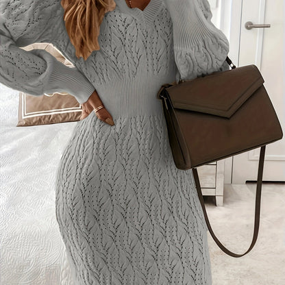 Solid Eyelet Sweater Dress, Elegant V Neck Long Sleeve Midi Dress, Women's Clothing