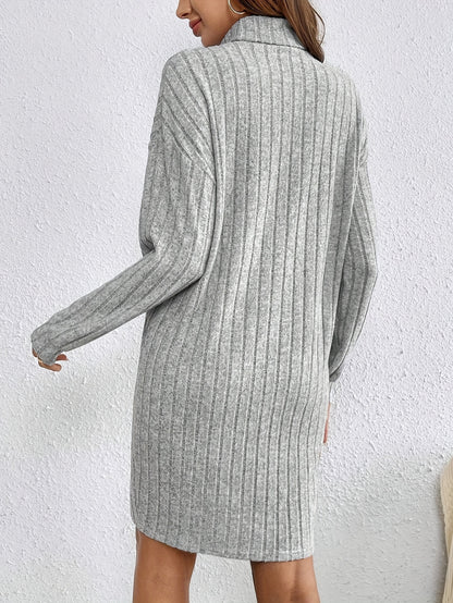 Solid Color Turtle Neck Dress, Elegant Textured Knit Long Sleeve Dress For Spring & Fall, Women's Clothing