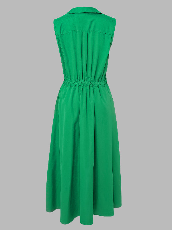 Sleeveless Solid Color Lapel Midi Dresses