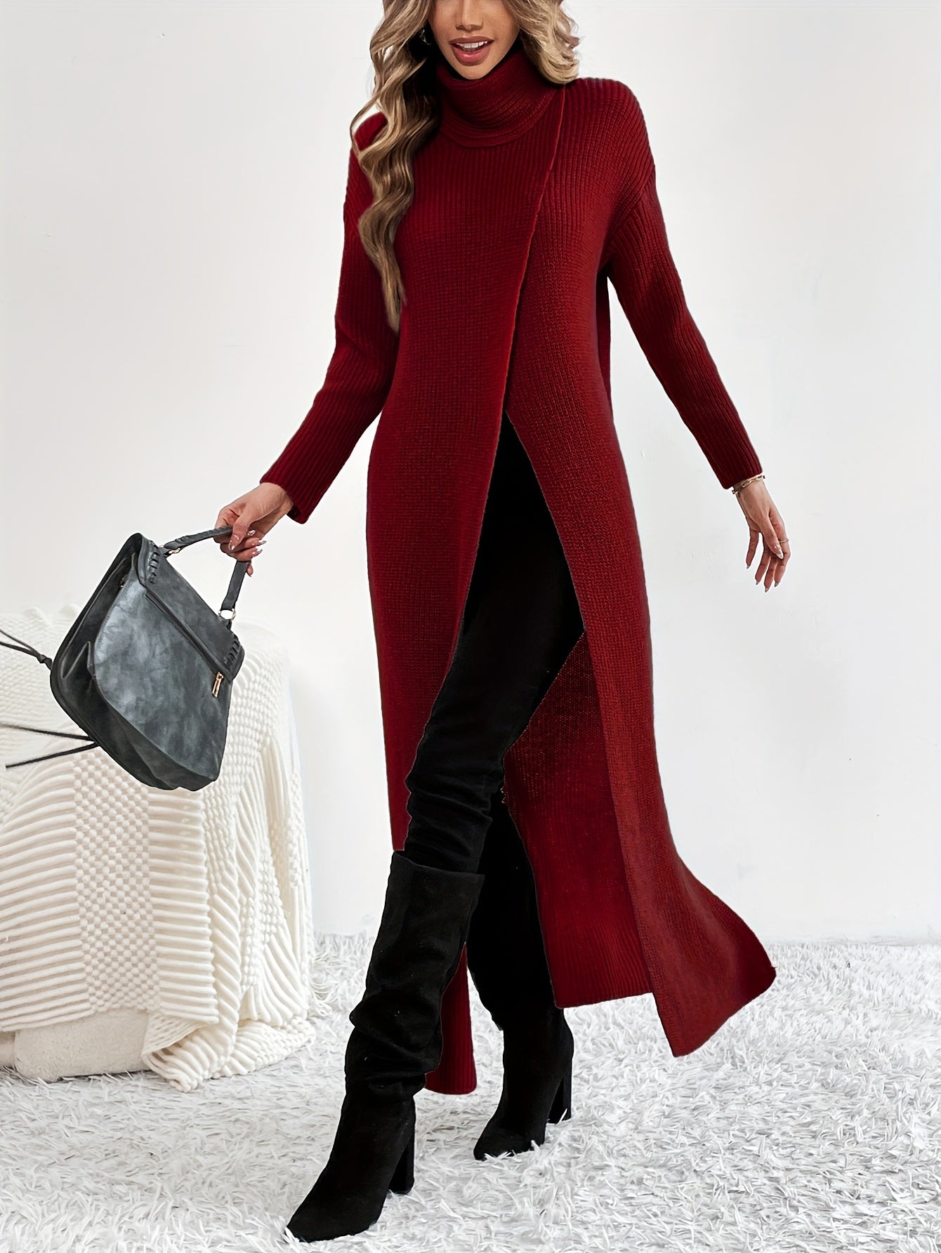 Solid High Neck Split Dress, Elegant Long Sleeve Maxi Dress, Women's Clothing