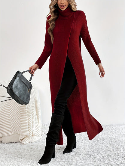 Solid High Neck Split Dress, Elegant Long Sleeve Maxi Dress, Women's Clothing