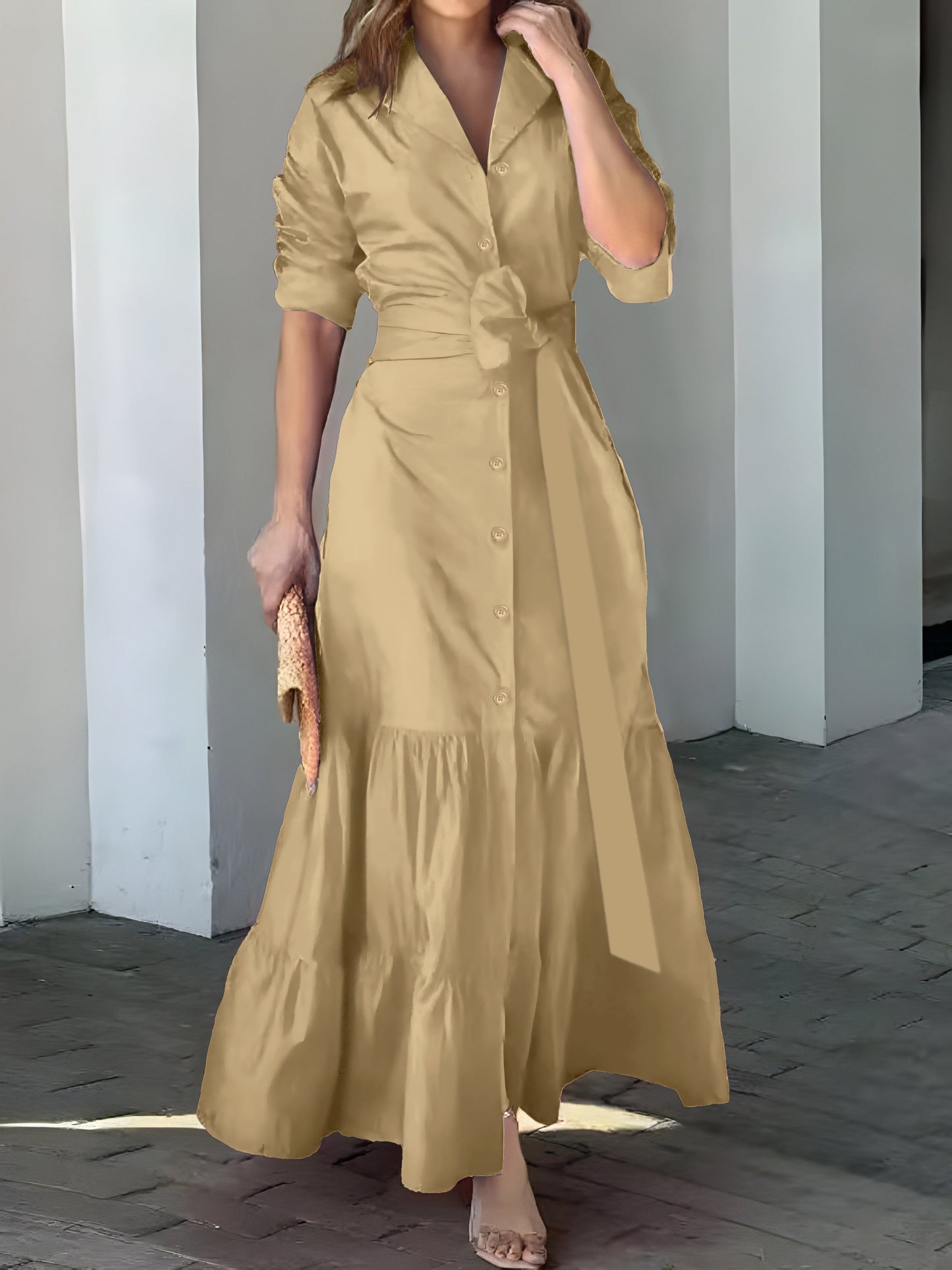 vmtvr - Solid Button Front Belted Dress, Elegant Ruched Sleeve Ruffle Trim Maxi Dress, Women's Clothing