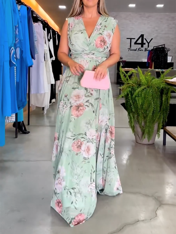 vmtvr - Fashion Bandage Floral Printed V-Back V-Neck Maxi Dresses