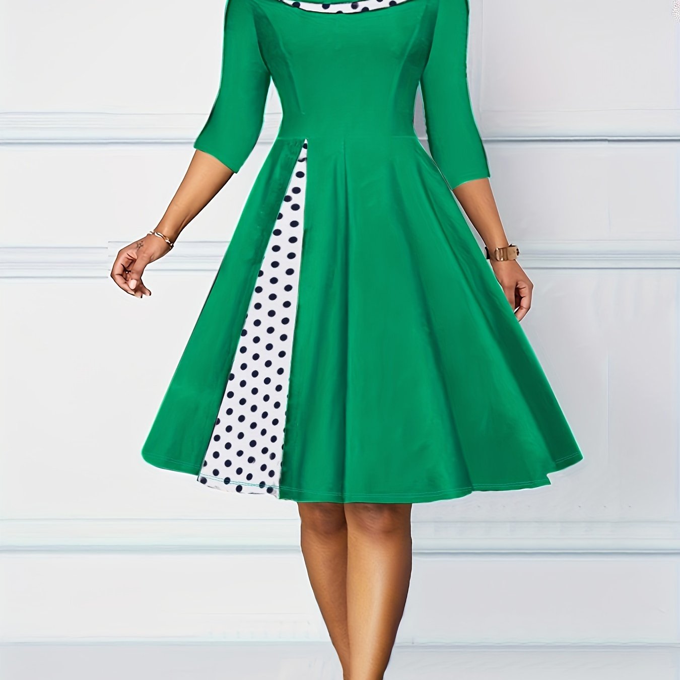 Vintage Retro Polka Dot A-line Dress - Flattering 3/4 Sleeves, Comfortable Casual Style - Feminine & Timeless Fashion for Women