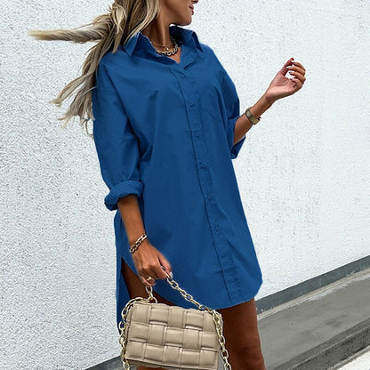 Women‘s Casual Dress Shirt Dress Shift Dress Midi Dress Blue Khaki White Long Sleeve Pure Color Button Winter Fall Spring Shirt Collar Basic Winter Dress Office S M L XL XXL