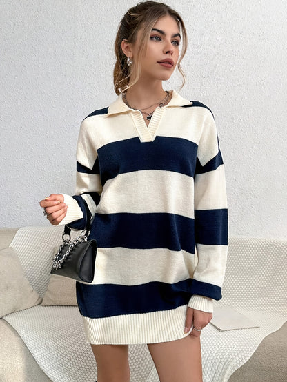 Color Block Turndown Collar Knit Dress, Elegant Long Sleeve Loose Mini Dress, Women's Clothing