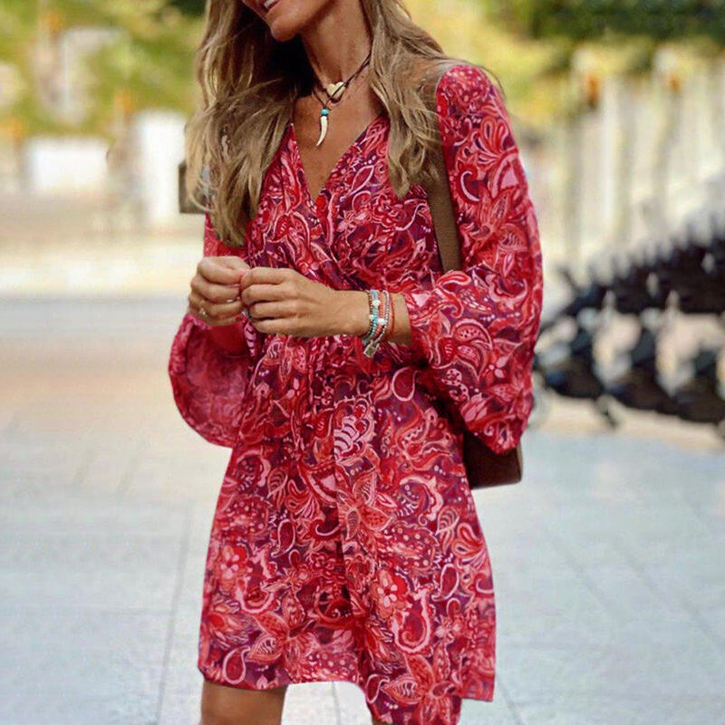 vmtvr - Boho Tribal Printed V Neck Long Sleeve Mini Dress