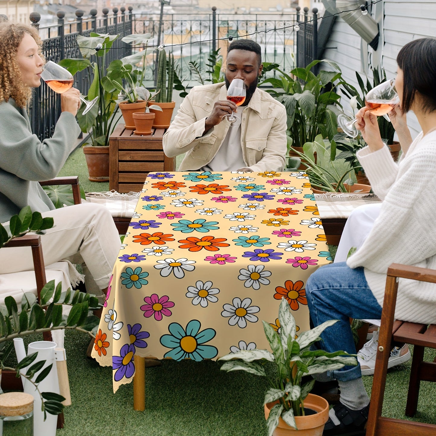 1pc Rectangle Embroidered Linen Tablecloth - Wrinkle-Free, Spring-Inspired Kitchen & Dining Table Linens for Outdoor and Indoor Use