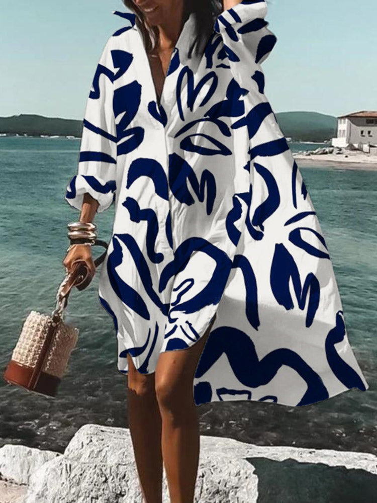 vmtvr - Floral Printed Long Sleeve Casual Beach Midi Dress