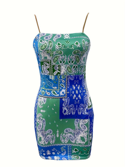 Paisley Print Bodycon Cami Dress, Boho Backless Spaghetti Strap Dress, Women's Clothing