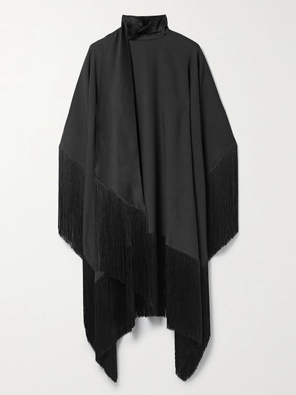 vmtvr - Loose Fringed High Neckline With A Scarf-Like Panel Solid Midi Dresses