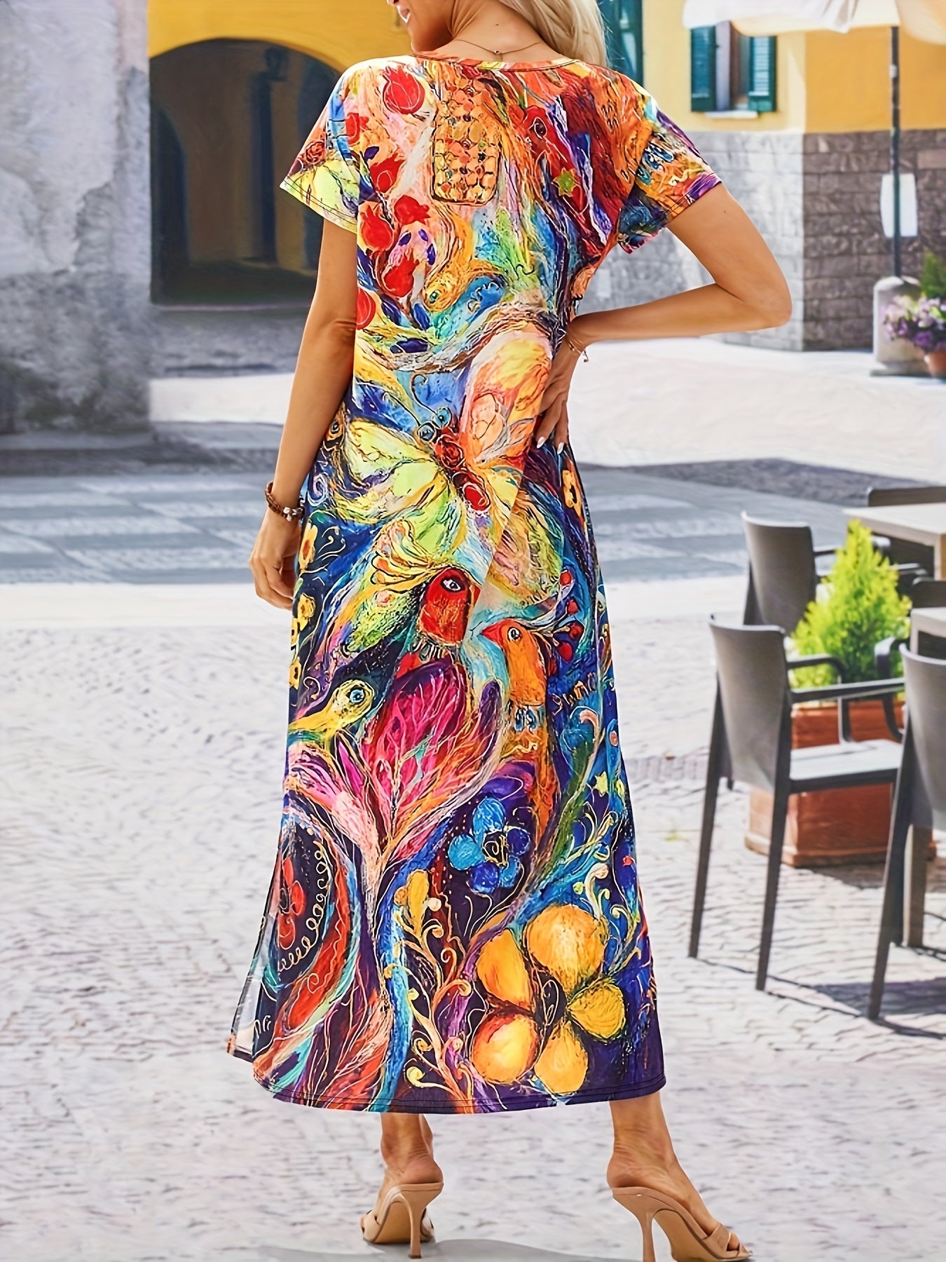 Peacock Print Split Dress, Boho V Neck Short Sleeve Maxi Dress, Women's Clothing