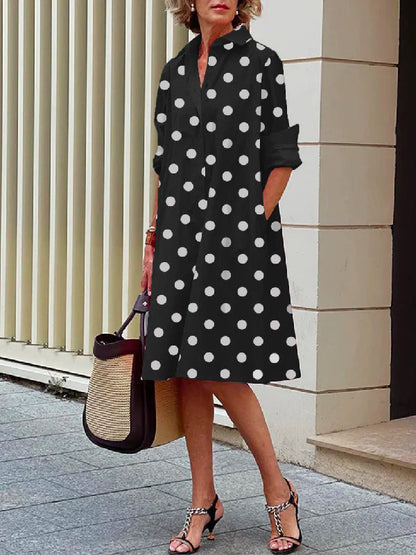 vmtvr - Vintage Long Sleeves Polka Dot Lapel Midi Dresses