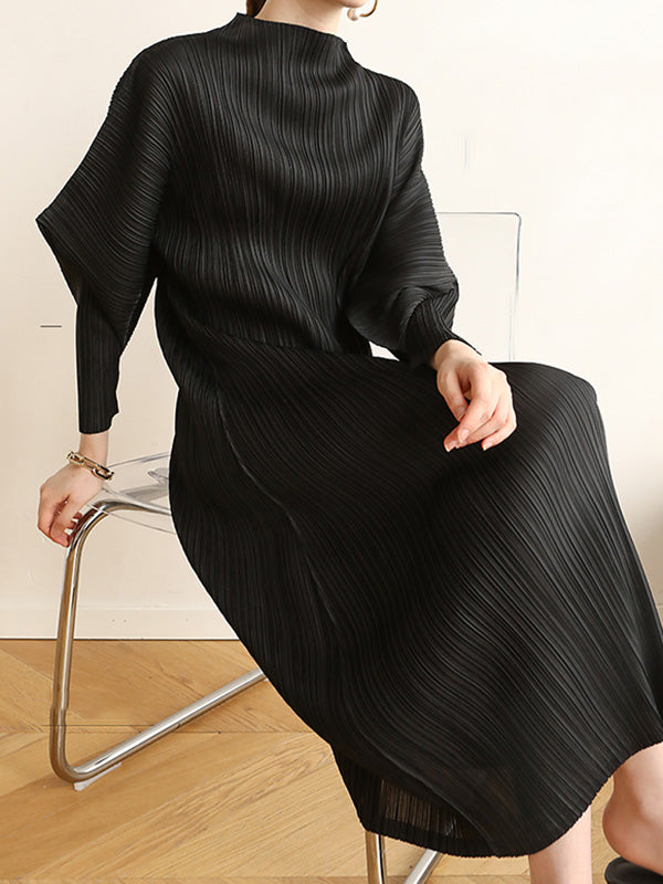 vmtvr - Original Creation Loose Long Sleeves Pleated Solid Color High-Neck Midi Dresses