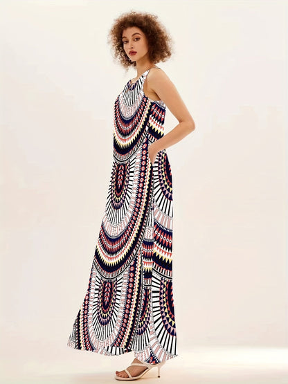 Tribal Print Notch Neck Dress, Boho Sleeveless Maxi Dress With Pockets, Women's Clothing