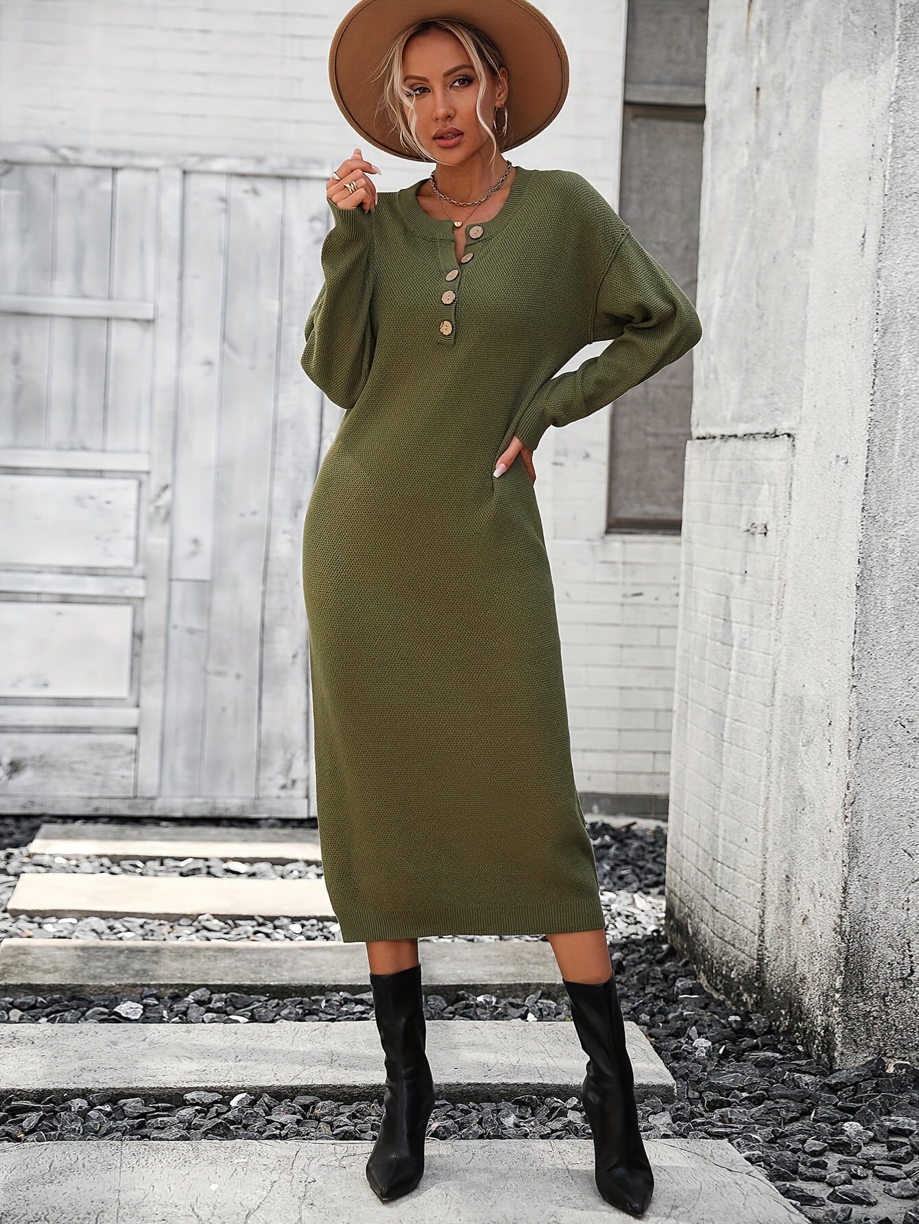 Button Front Midi Knit Dress, Elegant Long Sleeve Solid Color Dress For Spring & Fall, Women's Clothing