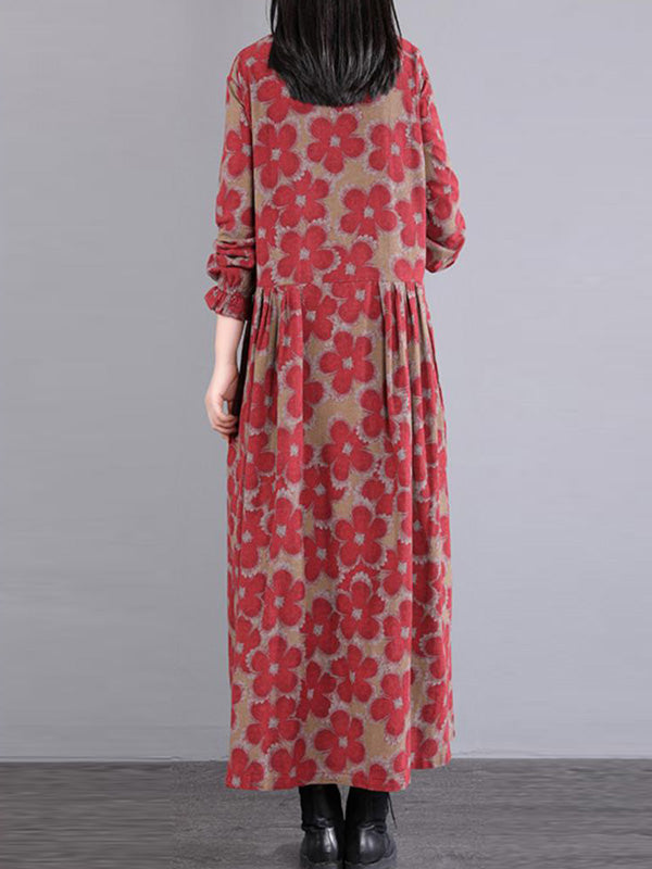 vmtvr - Casual Long Sleeves Loose Floral Printed Round-Neck Midi Dresses