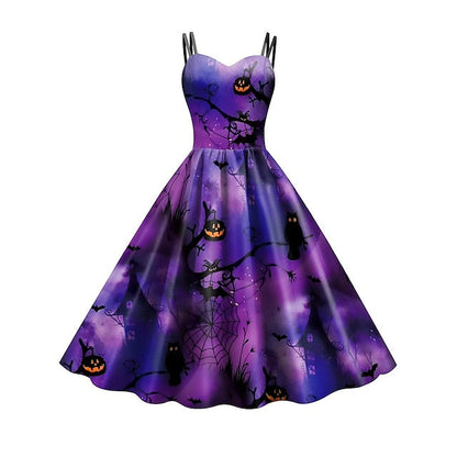 Women‘s Halloween Dress Retro 1950s Vintage Dress Midi Dress Holiday Backless Print Pumpkin Spaghetti Strap Sleeveless Regular Fit Spring Fall  Deep Purple Purple S M L XL