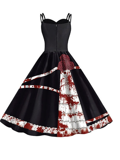 Women‘s Halloween Dress Retro 1950s Vintage Dress Midi Dress Holiday Backless Print Graphic Spaghetti Strap Sleeveless Regular Fit Spring Fall  Black White S M L XL