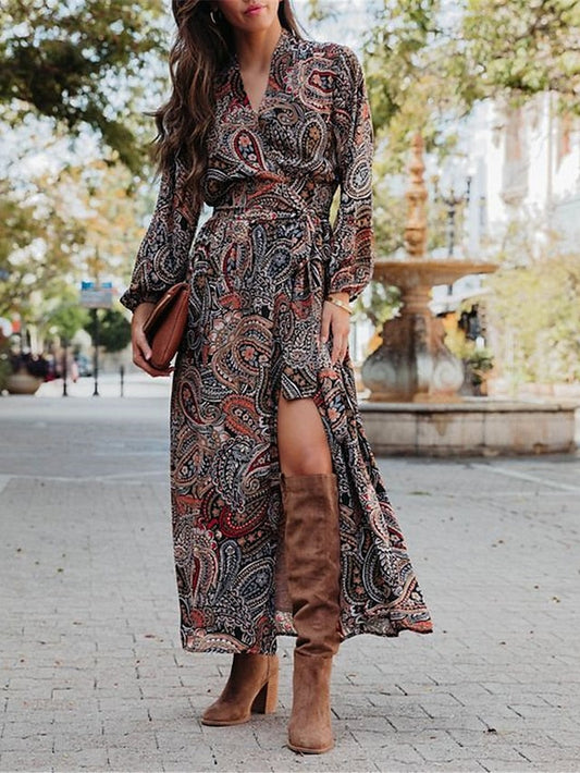 Women's Casual Dress Ethnic Dress Swing Dress Floral Paisley Split Print V Neck Long Dress Maxi Dress Vintage Ethnic Outdoor Date Long Sleeve Loose Fit Navy Blue Spring Fall S M L XL XXL