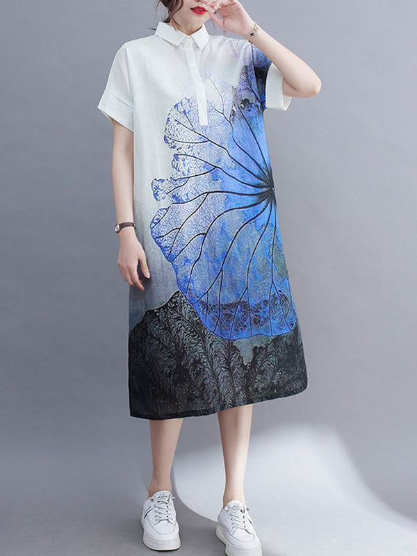 vmtvr - Artistic Retro Floral Printed Buttoned Lapel Collar Short Sleeves Midi Shirt Dress