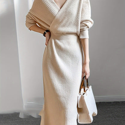 Solid Color Cross V-neck Dress, Elegant Long Sleeve Knitted Dress For Spring & Fall, Women's Clothing