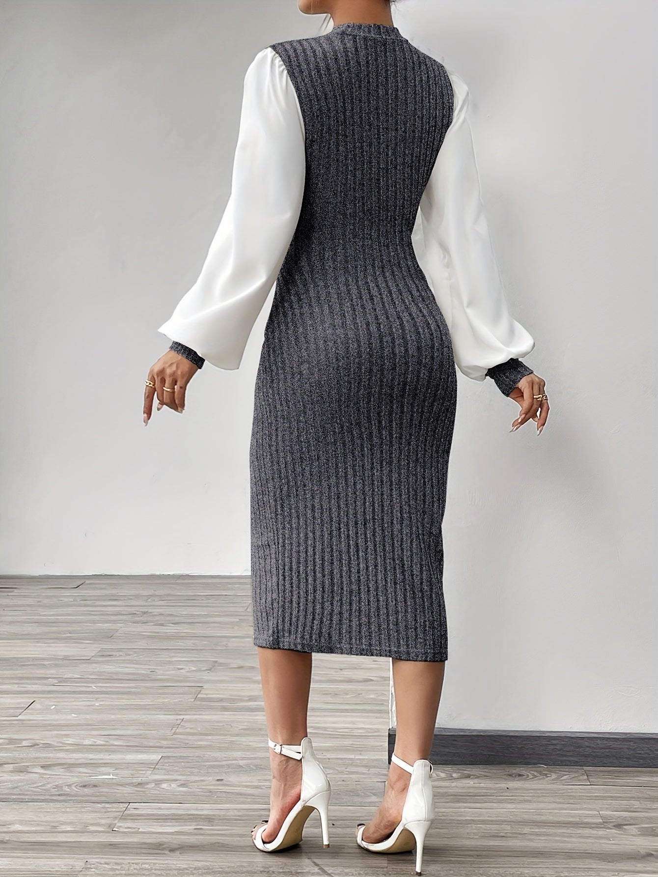 Ribbed Knit Button Decor Sheath Dress, Elegant Mock Neck Lantern Sleeve Midi Length Dress, Women's Clothing