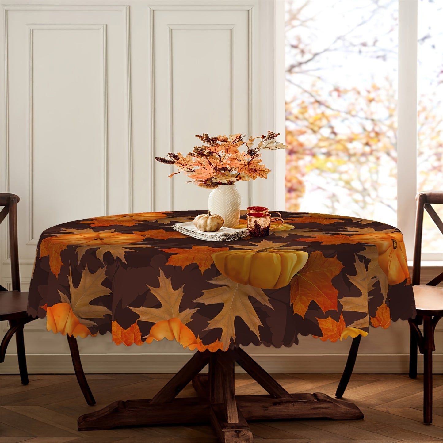 1pc, Round Tablecloth, Autumn Leaf Thanksgiving Pumpkin Table Cloth, Fall Tablecover, Waterproof Stain Wrinkle Free, Circle Tablecloth, Indoor And Outdoor Table Cover, For Home Kitchen Dining Party Decoration