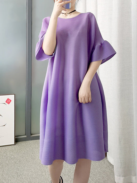 vmtvr - Stylish Selection Flared Sleeves A-Line Pleated Solid Color Round-Neck Midi Dresses