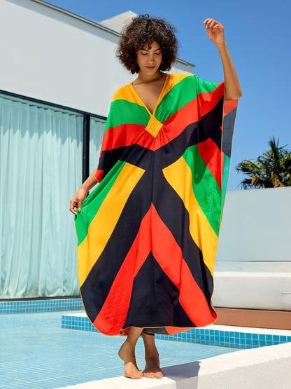 Color Block V Neck Dress, Boho Batwing Sleeve Maxi Dress, Women's Clothing