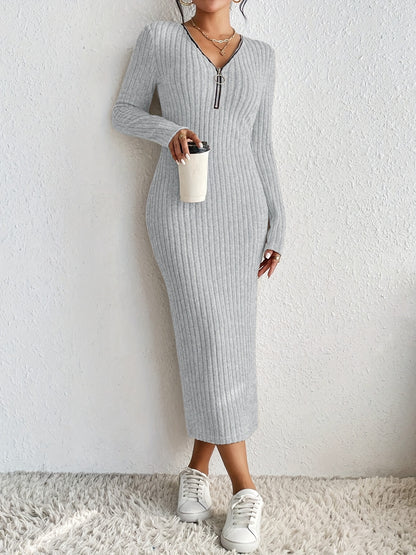 Elegant Spring/Fall V-Neck Pencil Dress - Comfortable Mid-Elastic Knit, Chic Zip-Up, Durable & Easy-Care