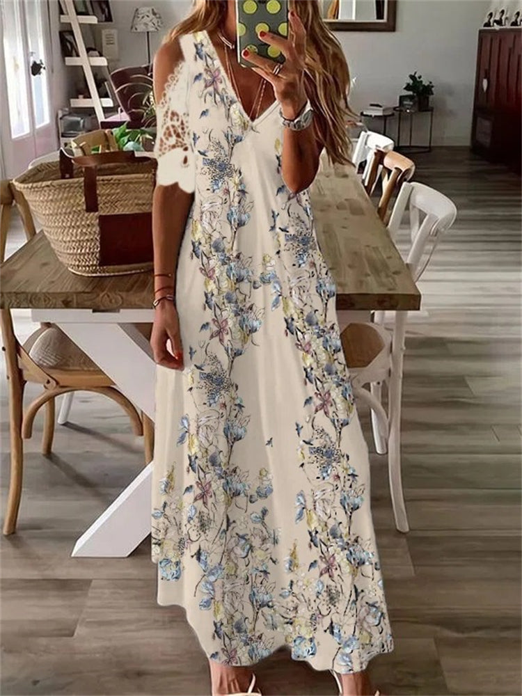 vmtvr - Boho Floral Lace Hollow Shoulder Maxi Dress