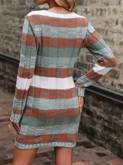 Multicolor Striped V Neck Knitted Dress, Stylish Long Sleeve Above Knee Patched Pockets Sweater Dress, Women's Clothing