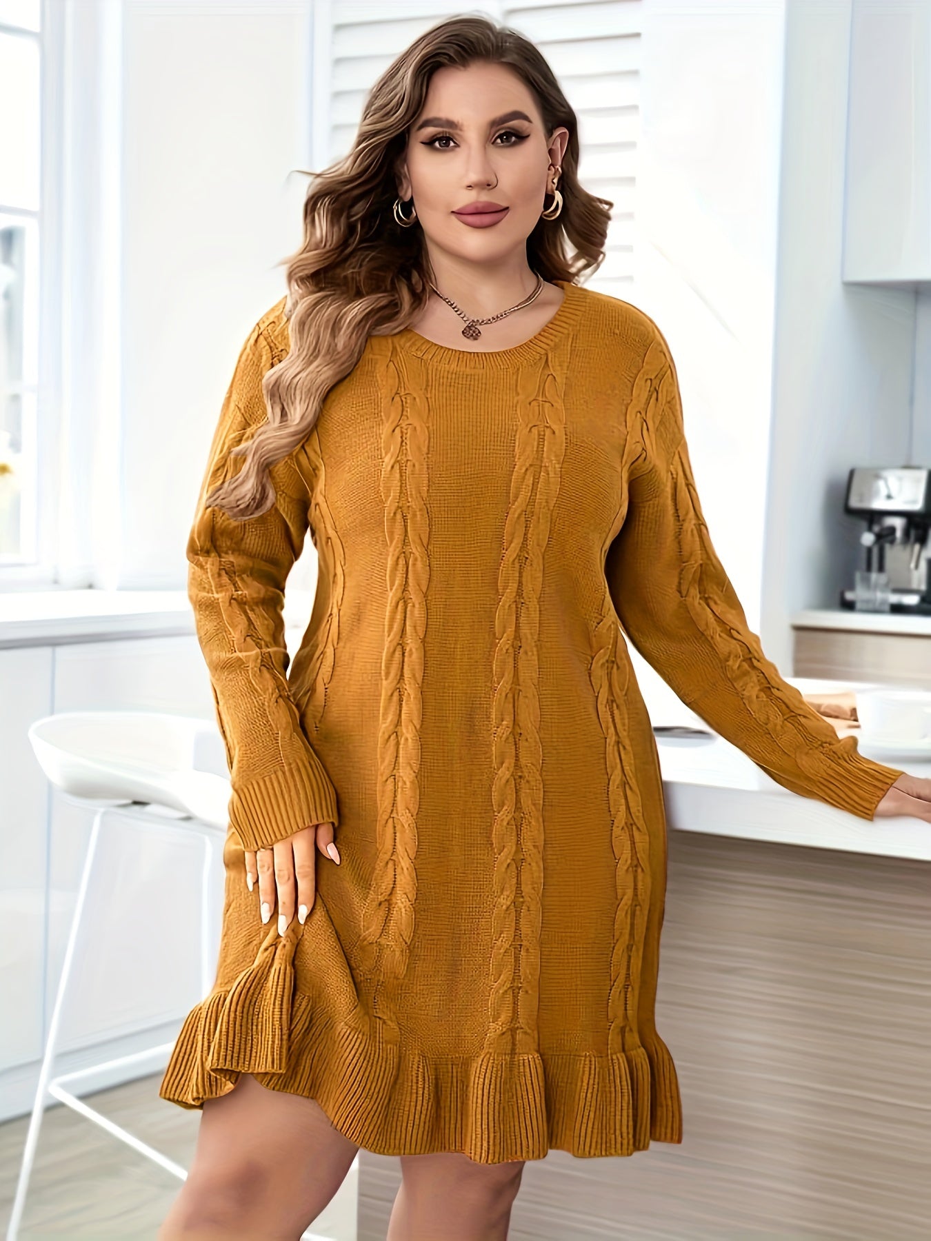 Plus Size Casual Sweater Dress, Women's Plus Solid Cable Knit Round Neck Long Sleeve Ruffle Trim Slight Stretch Sweater Dress