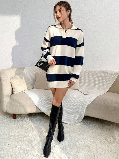 Color Block Turndown Collar Knit Dress, Elegant Long Sleeve Loose Mini Dress, Women's Clothing