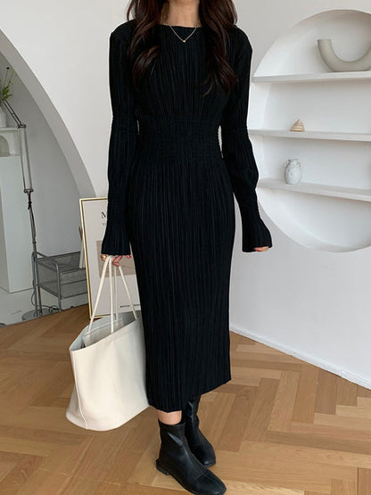 vmtvr - Simple Long Sleeves Black Split-Joint Elasticity Waist Pleated Midi Dress