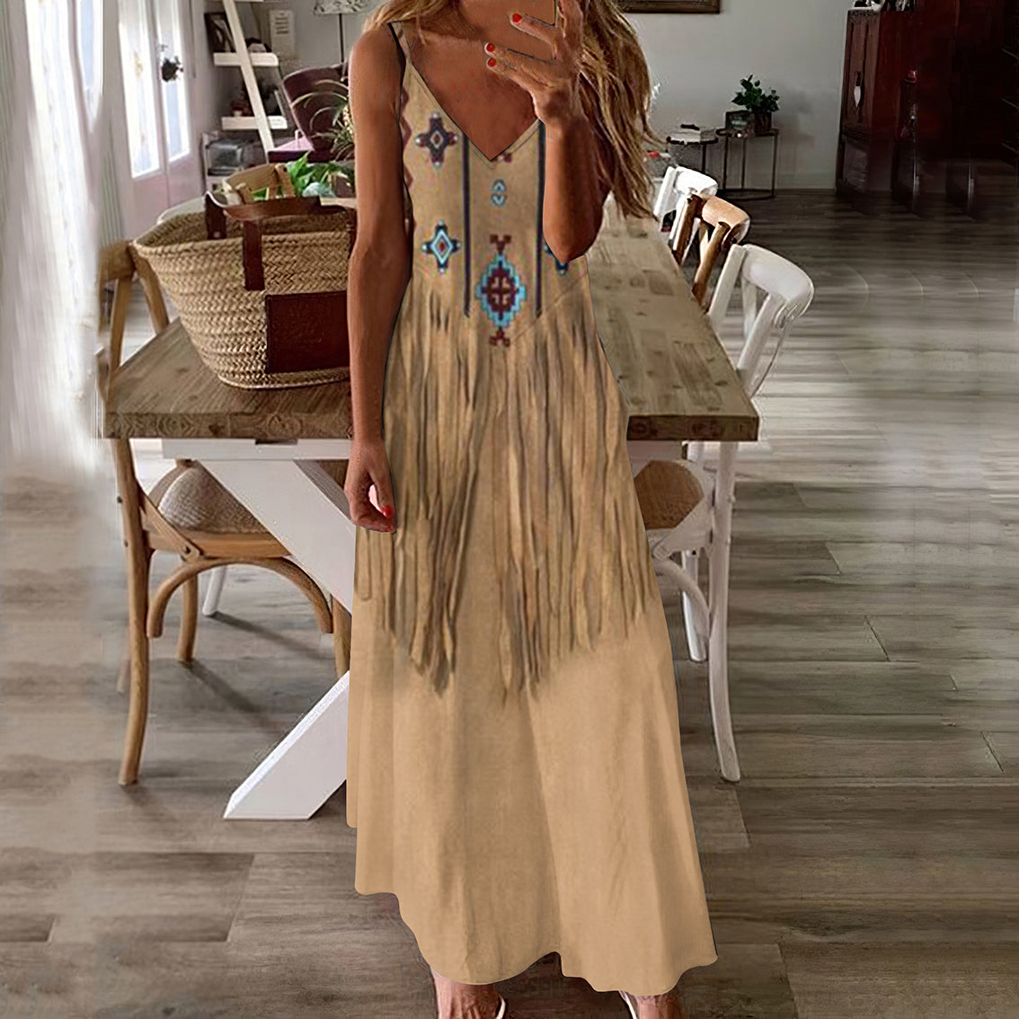 vmtvr - Vintage Western Fringe Print V-Neck Maxi Dress